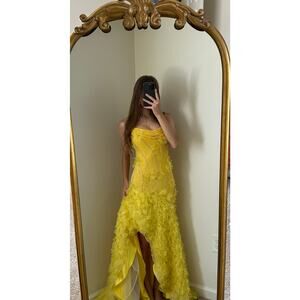 Yellow Floral Dress Beaded Long Leg Slit Prom Dress